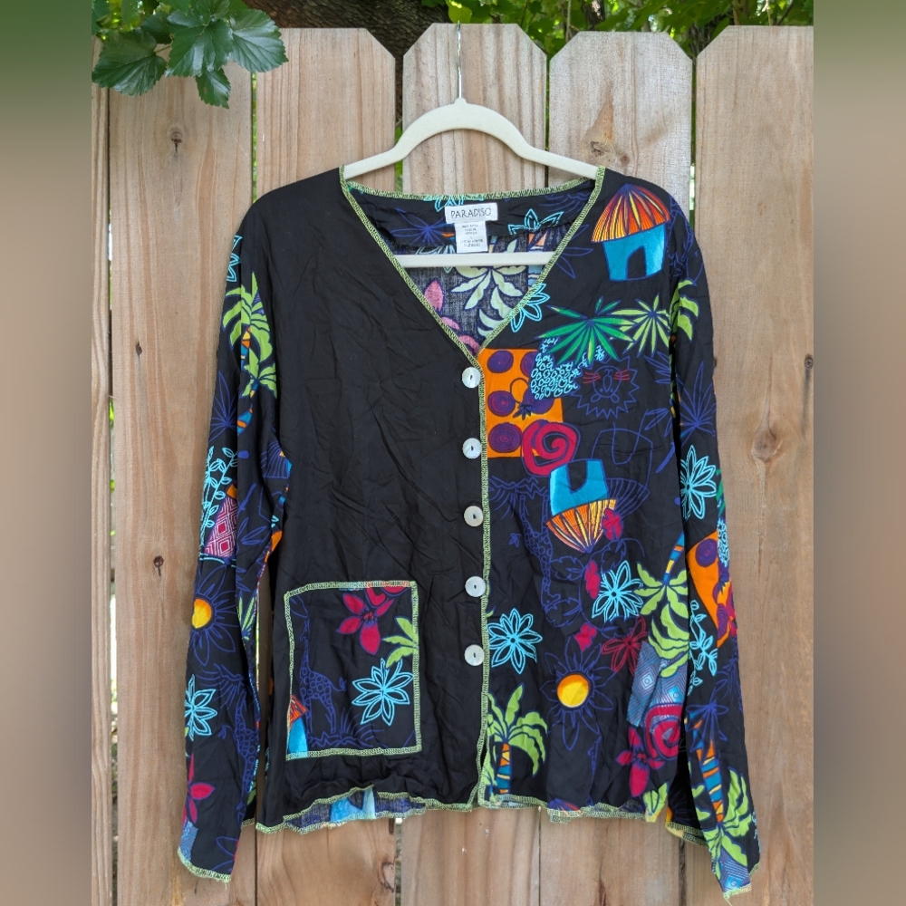 Paradiso Tropical Coastal Patterned Button Front Long Sleeve Shirt